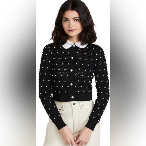 Alice + Olivia Collins Pearl Embellishment Crochet Collar Cardigan Sweater S - Picture 2 of 16